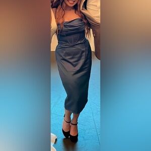 Fashion Nova Strapped Corset Satin Dress in Steel Blue W/ Slit